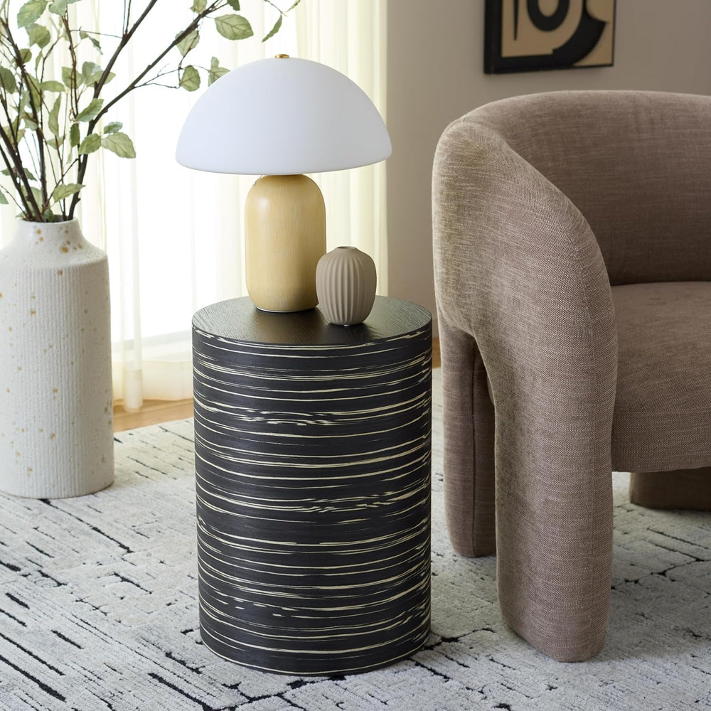 SAFAVIEH Home Collection - Bahan Round Pedestal End Table, Black Modern Strip...