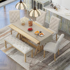 HomSof 6-Piece Retro Rectangular Dining Table Set, Table with Unique Legs and 4 Upholstered Chairs & 1 Bench for Dining Room and Kitchen, Natural Wood Wash