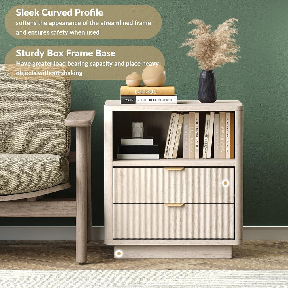 ROCSUMOO Fluted Nightstands Set of 2, Large Nightstand with Drawers and Stora...