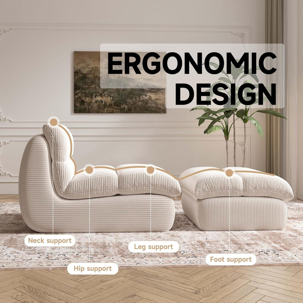 YVDNHP Bean Bag Chair with Ottoman, Cozy Comfy Reading Nook Chairs, Ultra Soft Corduroy Fabric Bean Bag Chairs for Adults, Reading Chair with Ottoman for Living Room, Bedroom Apartment (Beige)