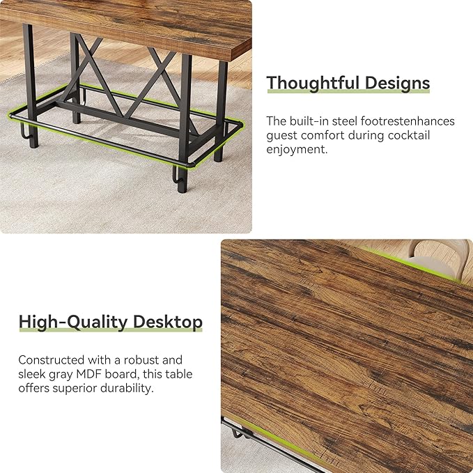 LITTLE TREE 63-Inch Industrial Bar Table with Metal Footrest, Counter Height Pub Table for Kitchen, Home Bar & Entertaining (Brown)