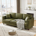 Faux Leather Couch with 2 Throw Pillows, Sofa Couches for Living Room, 3 Seater Sofa with Wide Armrests, Wood Legs, Deep Seats, Back Cushion, Sturdy Support Feet, for Office, Living Room, Olive Green