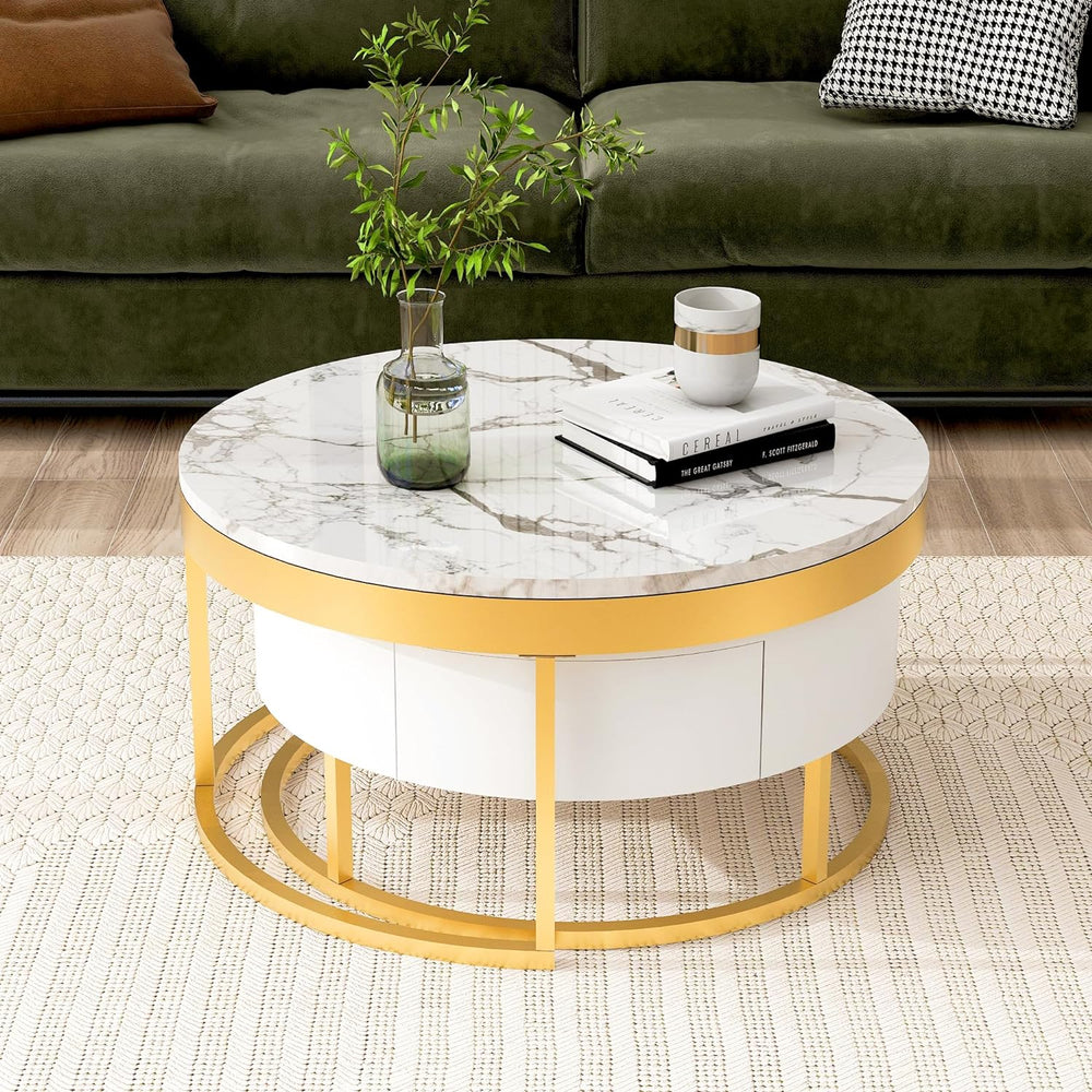 Modern Round Nesting Coffee Table with Drawers in White, Circle Coffee Tables...