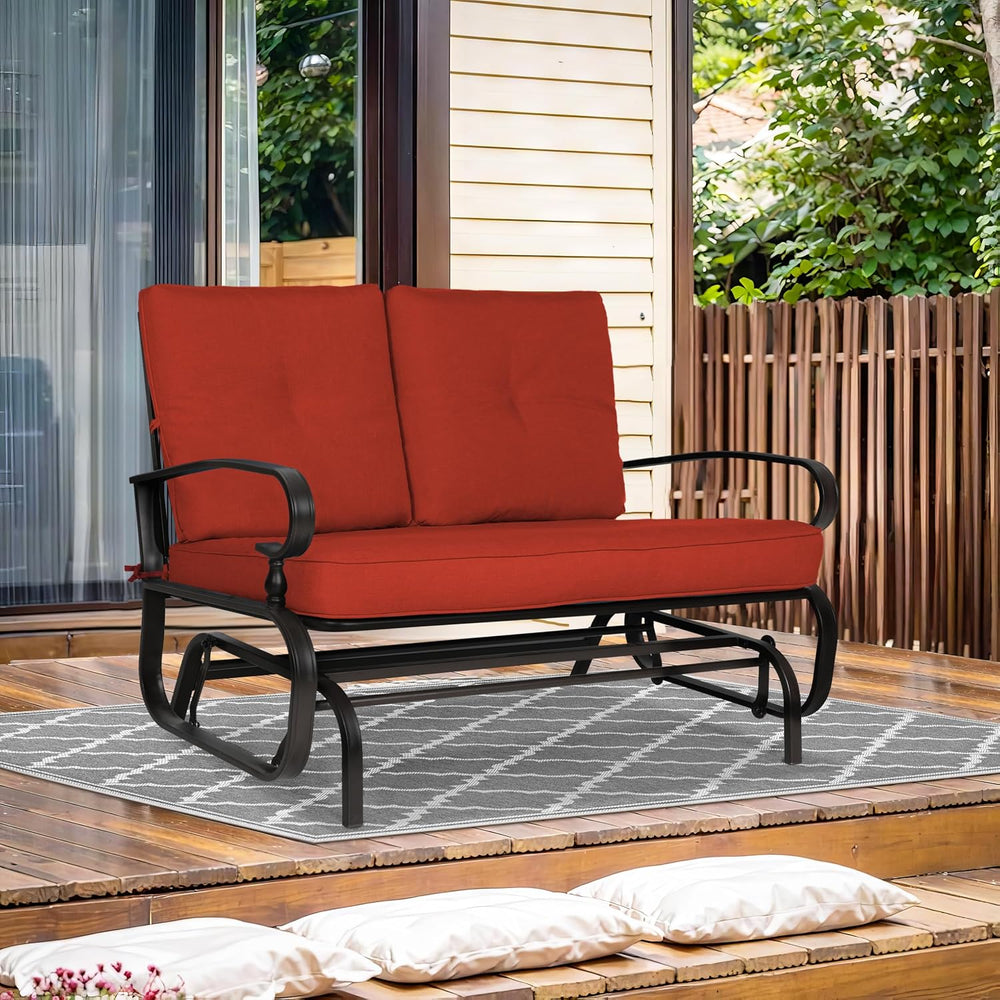 Crownland Outdoor Patio Glider Chair for 2-Person, Red | Wrought Iron Frame w...
