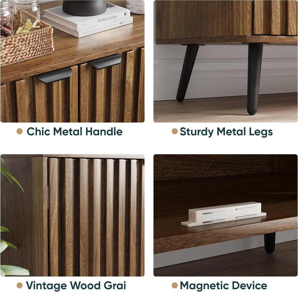 Walnut Buffet Cabinet with Storage, Sideboard Cabinet with Fluted Doors and M...