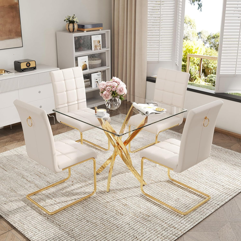 AF ARTISAN FURNITURE 5 Piece Square Glass Dining Table Set, Gold Glass Kitche...