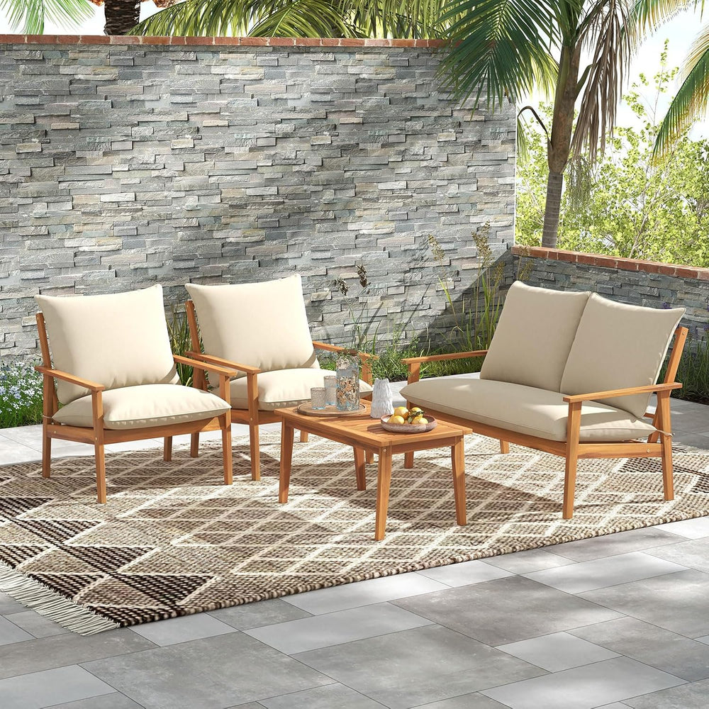 Tangkula 4 Pieces Patio Furniture Set, Outdoor Acacia Wood Conversation Set w...