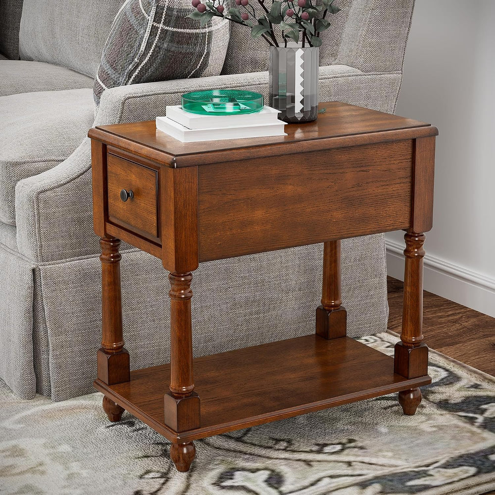 Set of 2 Narrow End Table with Drawer, 2-Tier Tables, Cherry Brown | Skinny E...