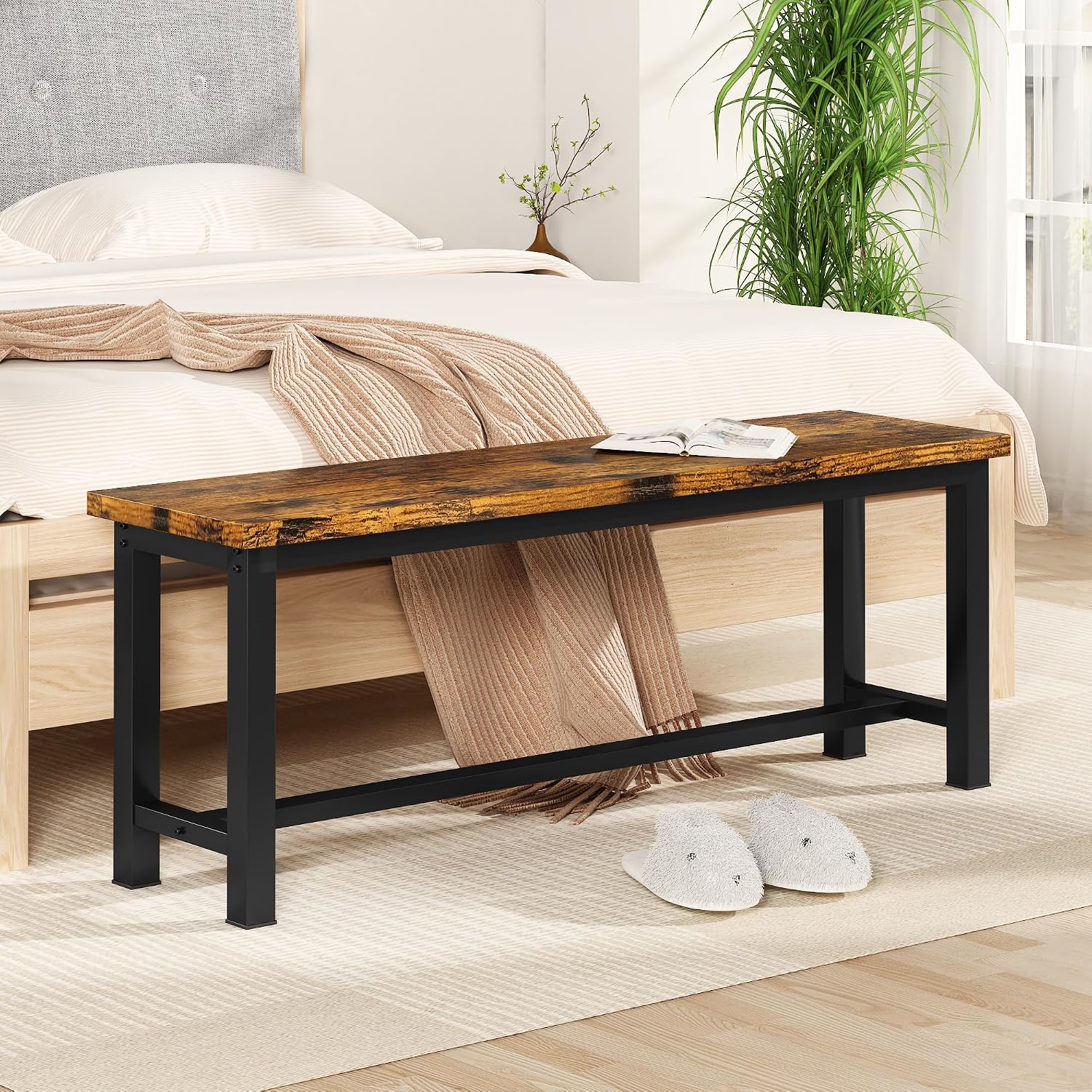 AWQM Table Bench, Pair of 2, Dining Bench, Thickened Steel Frame, Wood Bench, Industrial Style, for Kitchen and Dining Room, 12''Dx38.5''Wx17''H, Rustic Brown