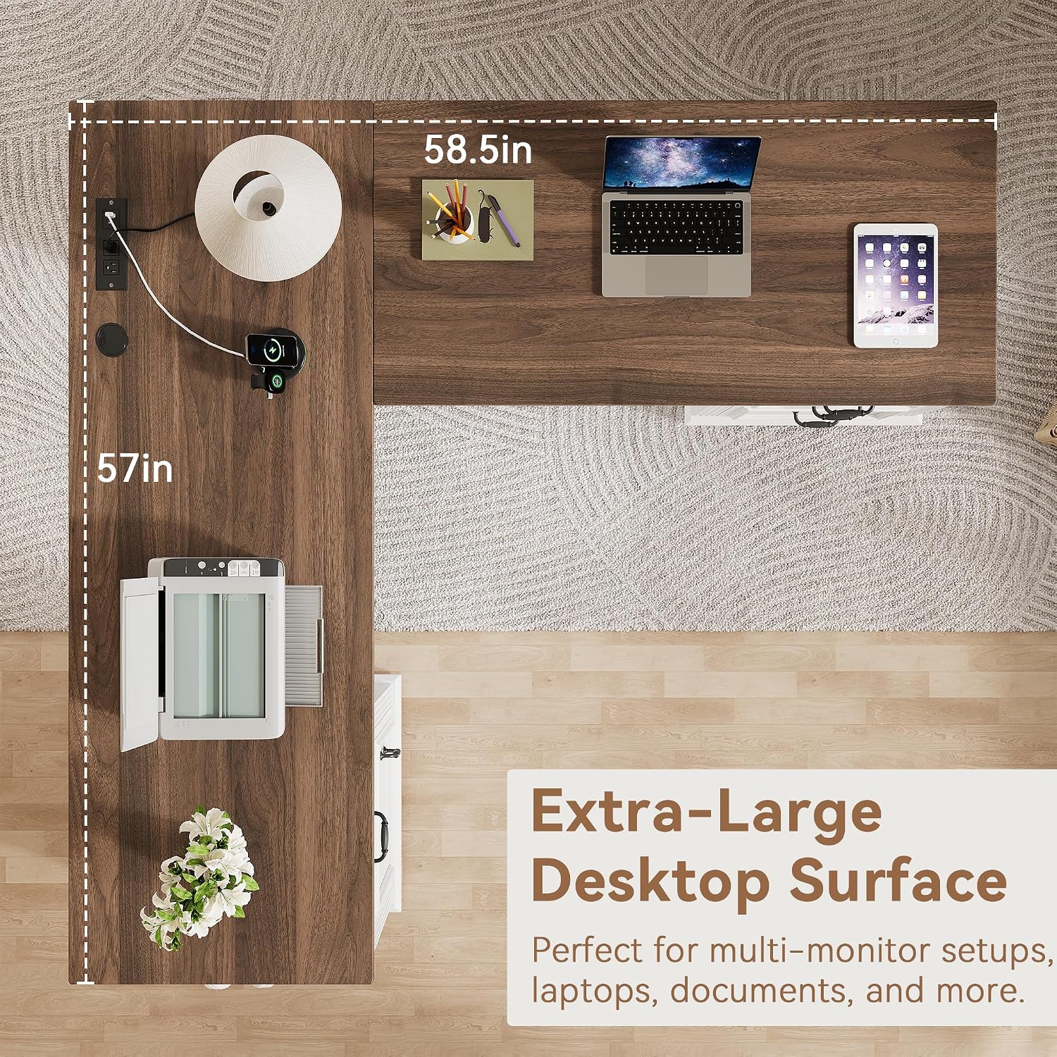 Farmhouse L Shaped Executive Desk with 4 Drawers and Charging Station, Wood Corner Home Office Computer Desk with File Cabinet Storage, Hidden Under Desk Storage Shelf, Headphone Hook - Brown+White
