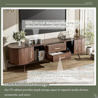 Mid Century Modern TV Stand for TVs up to 75”, Fluted Entertainment Center, Media Console with Tambour Sliding Doors and Wood Panel Drawers, Walnut Finish Media Console for Living Room