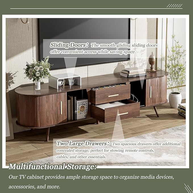 Mid Century Modern TV Stand for TVs up to 75”, Fluted Entertainment Center, Media Console with Tambour Sliding Doors and Wood Panel Drawers, Walnut Finish Media Console for Living Room