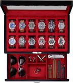 ROTHWELL 12-Slot Piano Black Watch Box with Valet Drawer - Premium Jewelry Display Case Organizer with Locking Glass Top and Microsuede Liner for Men & Women (Red Interior)