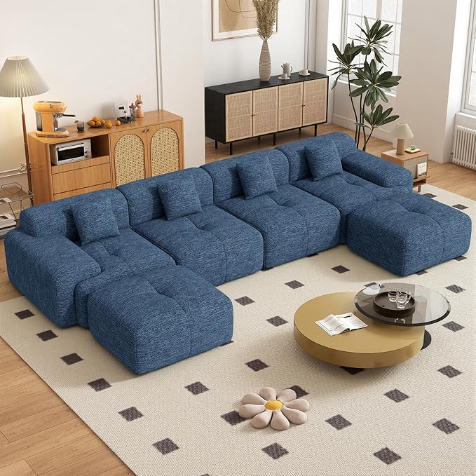 158" U Shaped Convertible Modular Couch, Cloud Couch Sectional with Ottoman, 6-Seater Chenille Boneless Couches for Living Room, Apartment, No Assembly, Blue 1PCS