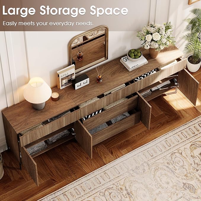 WAMPAT Fluted TV Stand for TVs up to 100", 3 in 1 Modern Entertainment Center with Storage Cabinets and 5 Drawers & 4 Doors,Wood Media TV Console Table with Storage for Living Room, Light Walnut