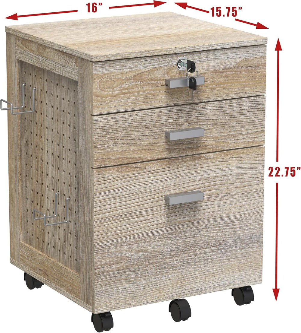 SHW Box File Rolling Mobile Cabinet with Side Pegboard, Maple | Lockable Drawer