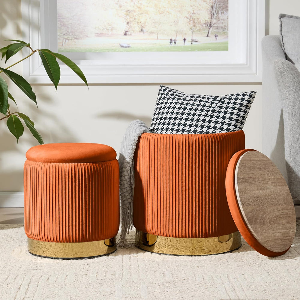 Royal Windsor Round Ottoman with Storage Set of 2, Storage Vanity Stool | Vel...
