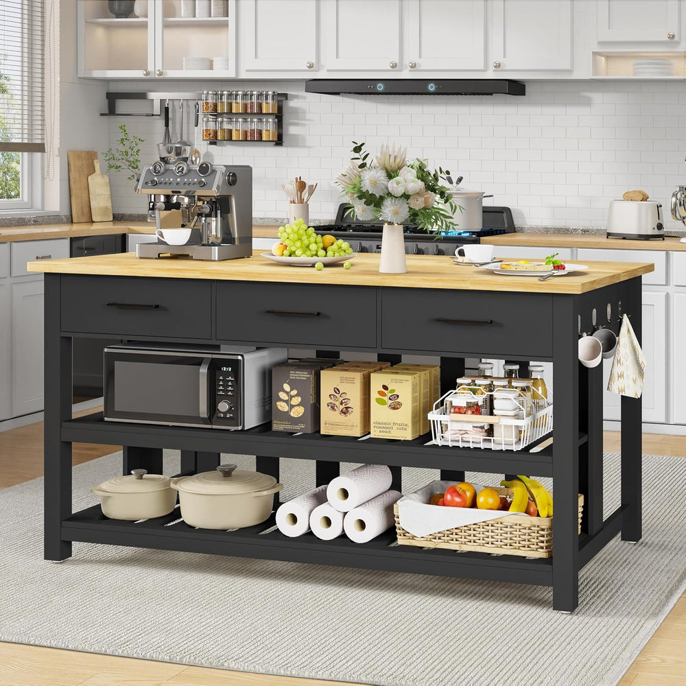 DynJest 60" Solid Rubberwood Kitchen Island with Power Outlets - Extra L...