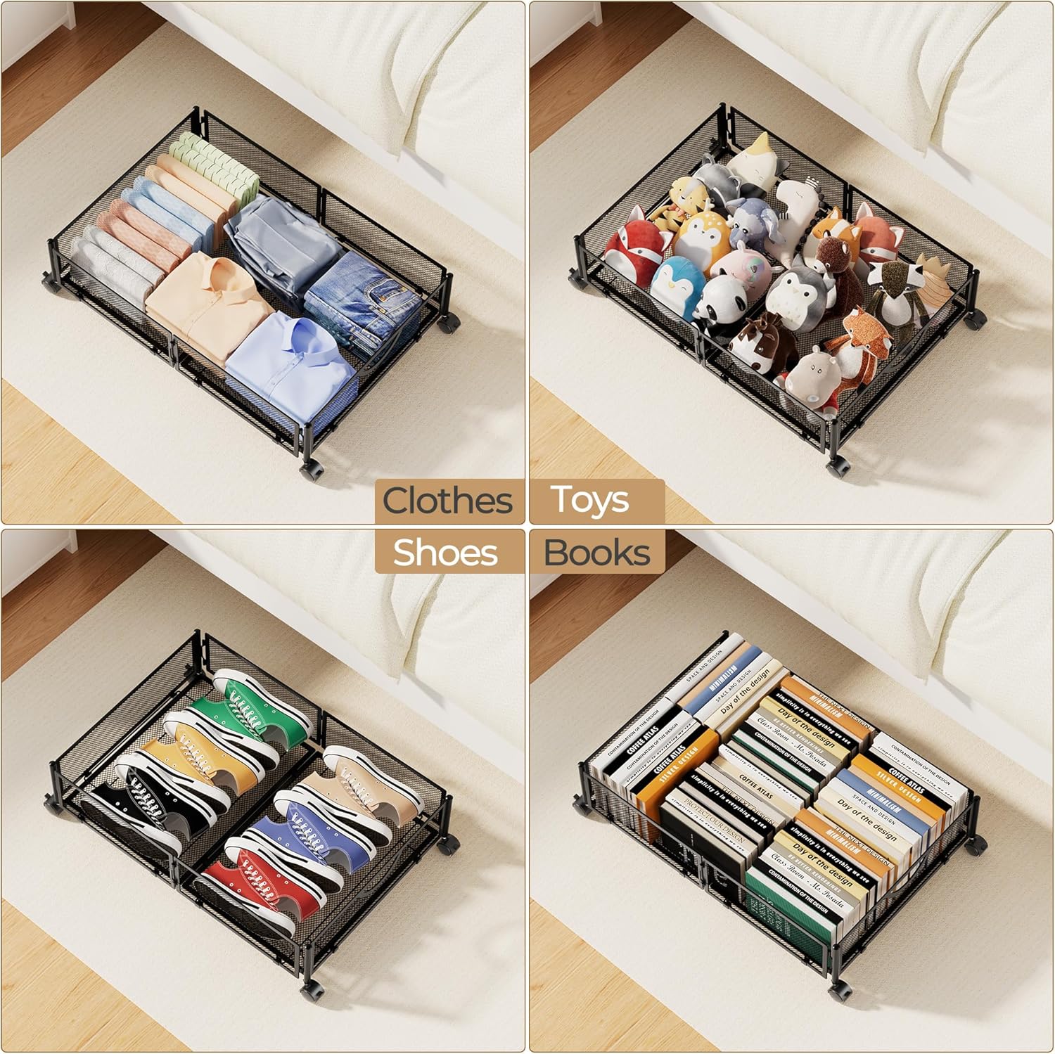 Yecaye Under Bed Storage with Wheels, 2 Pack Under Bed Shoe Storage Organizer Drawer, Tool-free Assembly Metal Underbed Storage Containers for Clothes, Shoes, Toys, Black