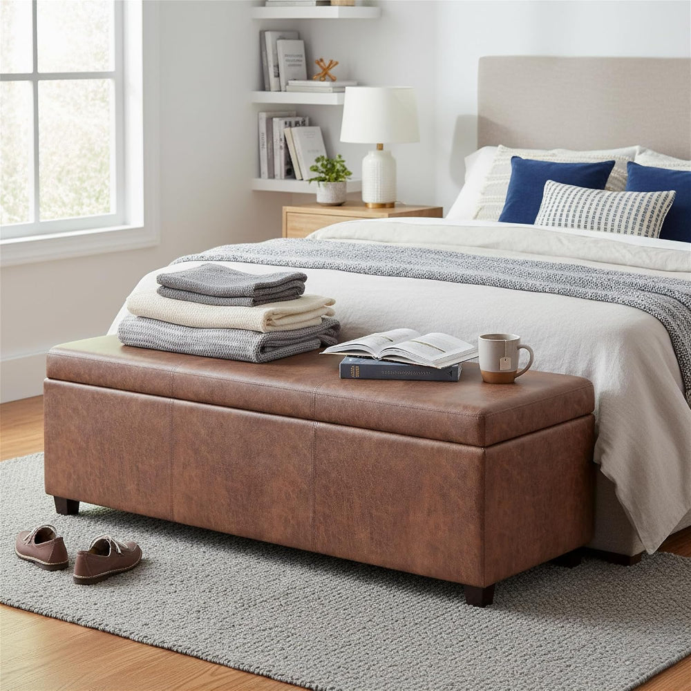 SIMPLIHOME Avalon 54" Vegan Leather Ottoman in Distressed Pecan Brown