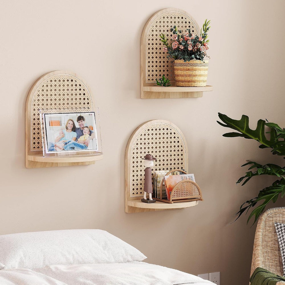 Rattan Wall Shelf Set of 3, 7''Natural Rattan Shelves with Wicker Dec...