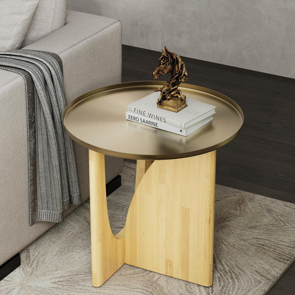 AUZ Round End Table with Brushed Gold Top, Small Wood Side Table for Living R...