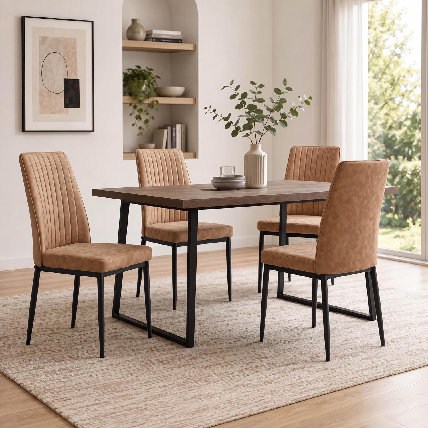 Dining Chairs Set of 4, Suede Upholstered Kitchen Chairs with Metal Legs, Modern Dining Room Chairs with Vertical Channel Backrest, Breathable Armless Chairs for Dining Room, Apartment (Brown, 4)