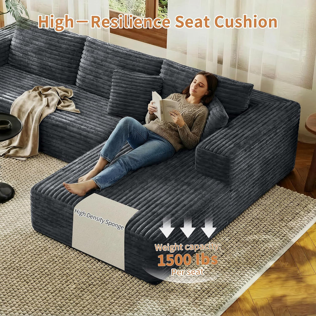 Boneless Sectional Couch for Living Room, Modular Sectional Sofa | 107" Modern L Shaped Could Couch Deep Seat Corduroy Floor Sofa, No Assembly Required, (Grey,107" L-shaped Right)