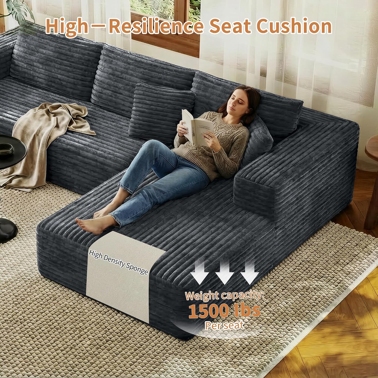 Boneless Sectional Couch for Living Room, Modular Sectional Sofa | 107" Modern L Shaped Could Couch Deep Seat Corduroy Floor Sofa, No Assembly Required, (Grey,107" L-shaped Right)