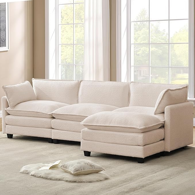 ROWHY 112'' Modular Sectional Cloud Couch with Movable Ottoman, 4 Seat Modern Chenille Sofa with 2 Throw Pillows, Deep Seat L Shaped Couch for Living Room Bedroom Apartment, Beige | Arrange Freedom, Pet-Friendly Fabric, Sturdy Frame, Ultimate Comfort, ...