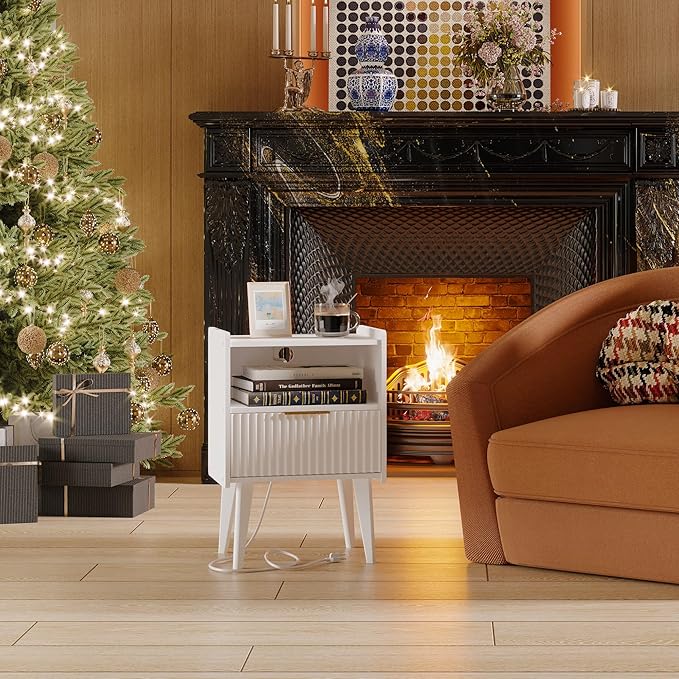 Fluted Nightstand with Charging Station, Modern Bedside Table with Drawer,Whi...