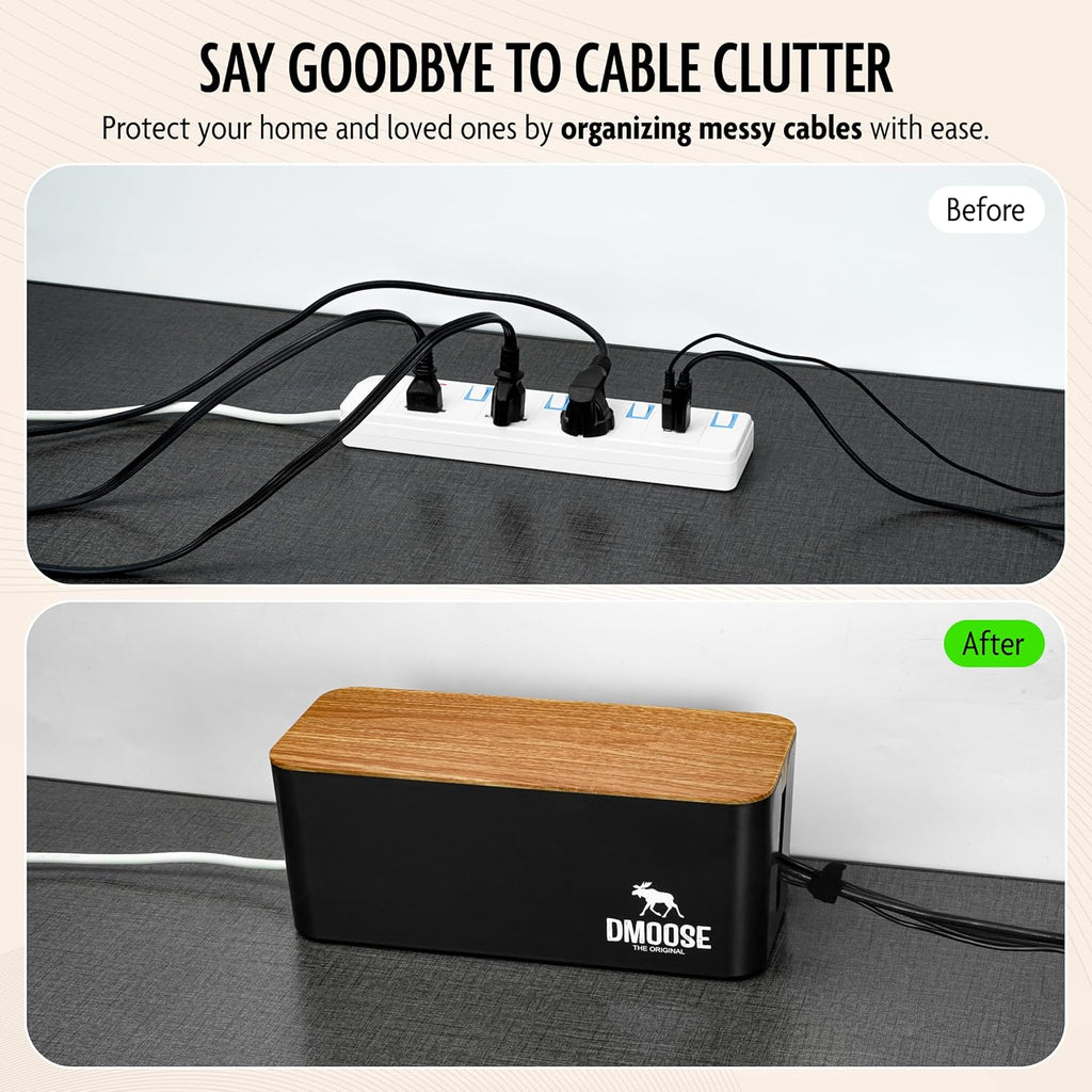 DMoose Cable Management Box - 2 Pack Medium & Large Cord Organizer for Desk & Floor, Cable Organizer Box for Child & Pet - Hider for Tidy Office & Home (Wood Print Lid, Black, Pack of 2)