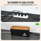 DMoose Cable Management Box - 2 Pack Medium & Large Cord Organizer for Desk & Floor, Cable Organizer Box for Child & Pet - Hider for Tidy Office & Home (Wood Print Lid, Black, Pack of 2)