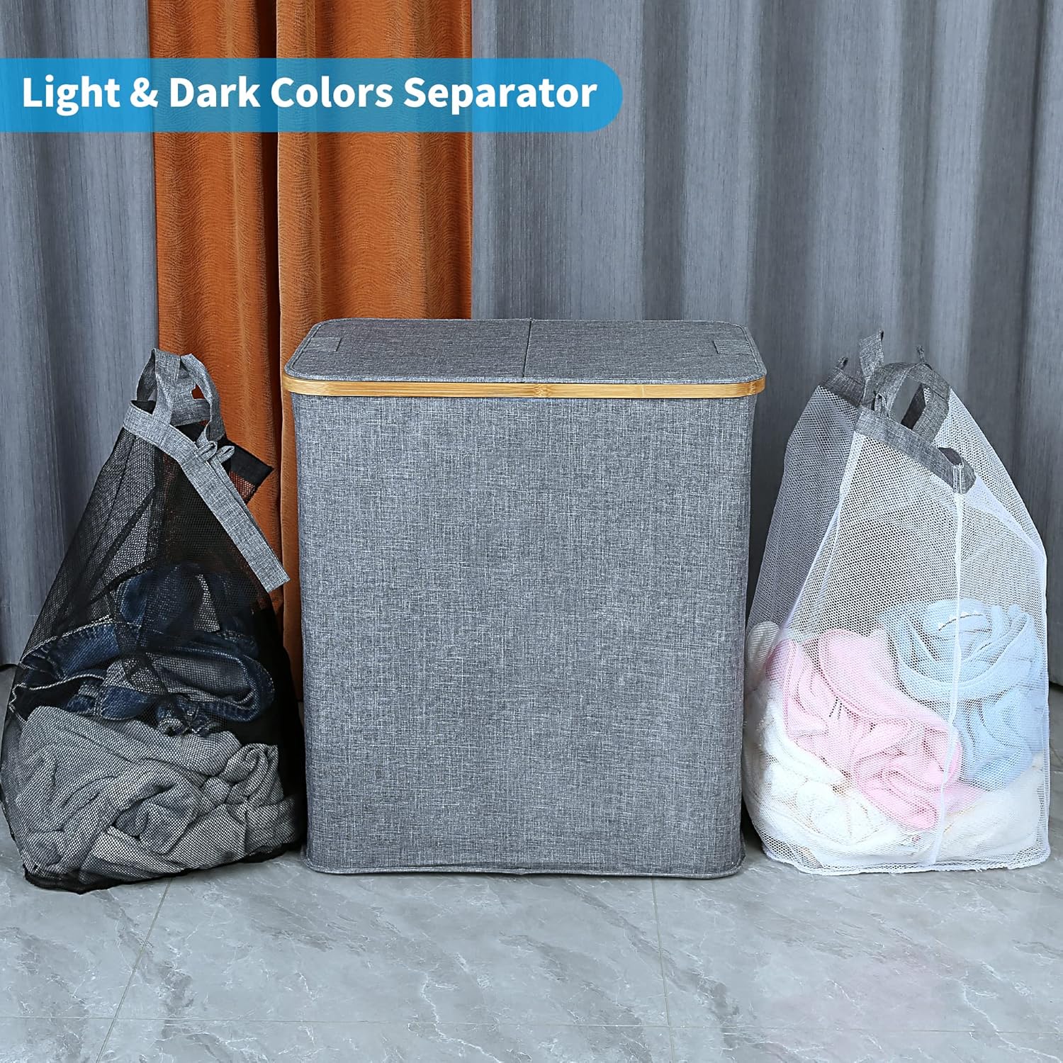 efluky Laundry Hamper with Lid, Double Laundry Hamper with 2 Removable Bags, 2 Section Laundry Basket with Bamboo Handles for Bathroom, Bedroom & Laundry Room, 140L (36.9 Gallon) Blue Grey