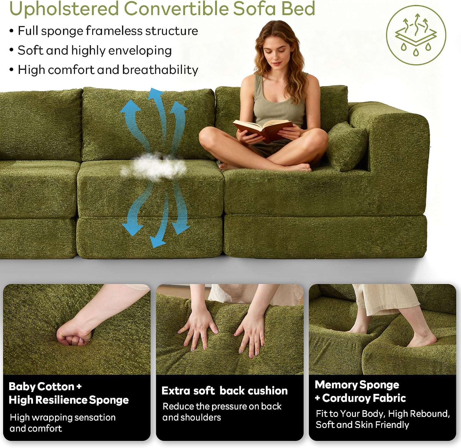 106" Chenille Folding Convertible Sleeper Sofa Bed, Green Pull Out Floor Modular Couch with Pillow, Memory Foam Boneless Couchs Sectional for Living Room Bedroom (3, Green)