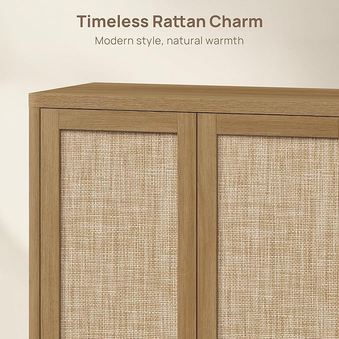 SICOTAS Rattan TV Stand for 65 70 inch TV - Large Entertainment Center TV Consoles for Living Room Bedroom, Farmhouse Television Stands with Storage Cabinet Boho Modular Media Console, Amber Oak
