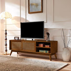 LKTART Mid Century Modern Rattan TV Stand for 65 Inch TV,59" Boho Media Console with Sliding Doors & Open Shelves,Solid Wood Legs for Living Room,Light Walnut