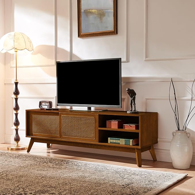 LKTART Mid Century Modern Rattan TV Stand for 65 Inch TV,59" Boho Media Console with Sliding Doors & Open Shelves,Solid Wood Legs for Living Room,Light Walnut