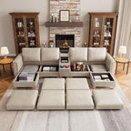 SITJOY 132" Faux Leather Modular Sectional Sofa with Storage, Mid Century Modern Sectional Couches for Living Room, 6 Seat U Shaped Couch with Ottoman and Console Table, Hidden Cupholders, Greige