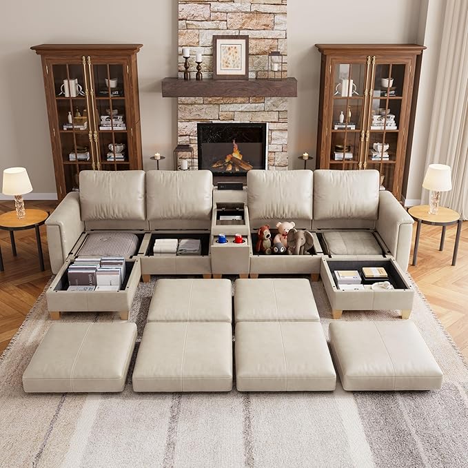SITJOY 132" Faux Leather Modular Sectional Sofa with Storage, Mid Century Modern Sectional Couches for Living Room, 6 Seat U Shaped Couch with Chaise and Console Table, Hidden Cupholders, Greige
