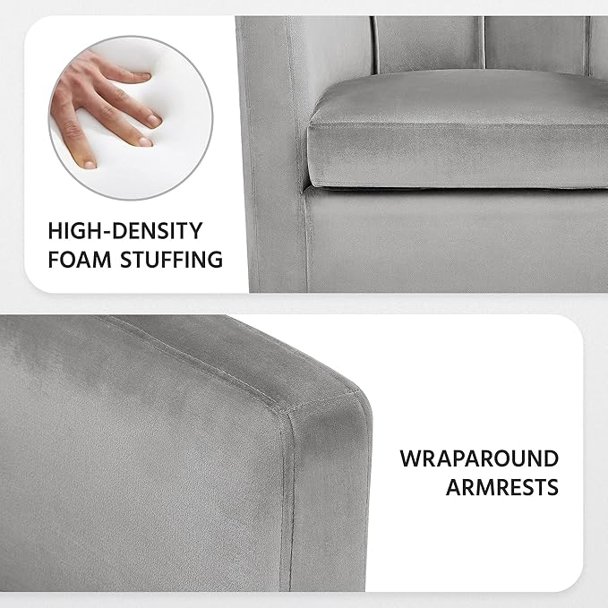 Yaheetech Accent Chair, Modern Velvet Armchairs with Big Ample Seat, Half Rounded Back, Cozy Upholstered Barrel Sofa Chair for Living Room Bedroom Waiting Room, Gray