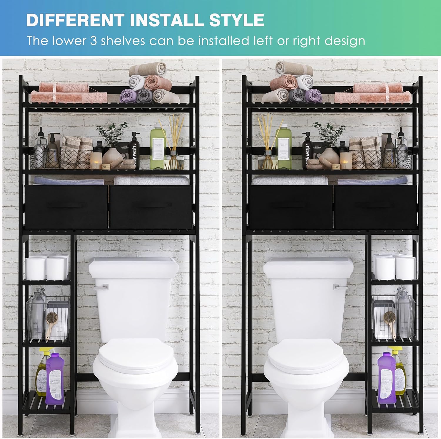 SMIBUY Over-The-Toilet Storage Rack, 6-Tier Bamboo Large Bathroom Organizer with Side Shelves and 2 Drawers, Stable Freestanding Space Saver for Bathroom, Laundry Room(Black)
