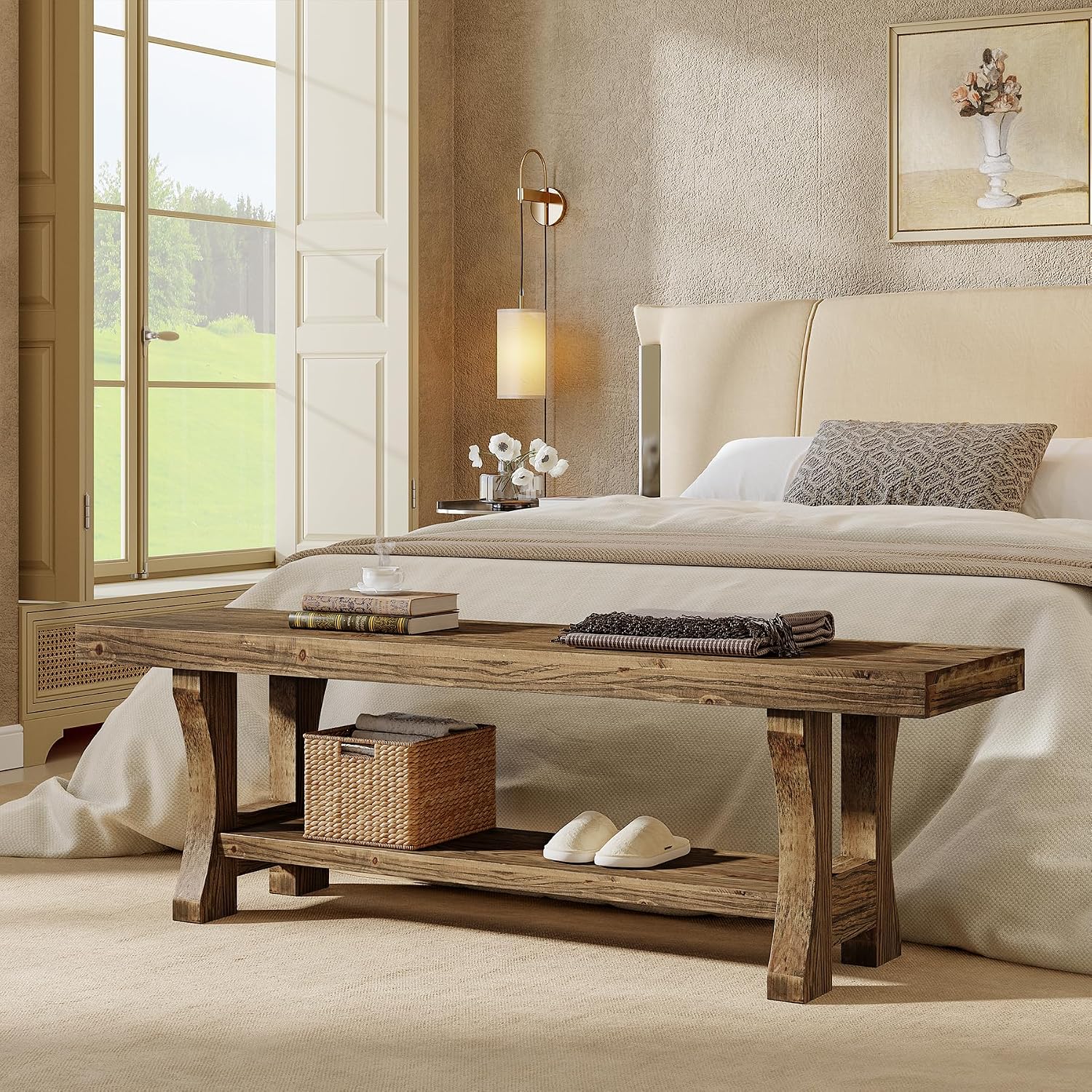 Solid Wood Storage Bench, Farmhouse Entryway Bench, Long Indoor Dining Seat for Hallway, Bedroom, Living Room, Dining Room, Easy Assembly, Dark Brown