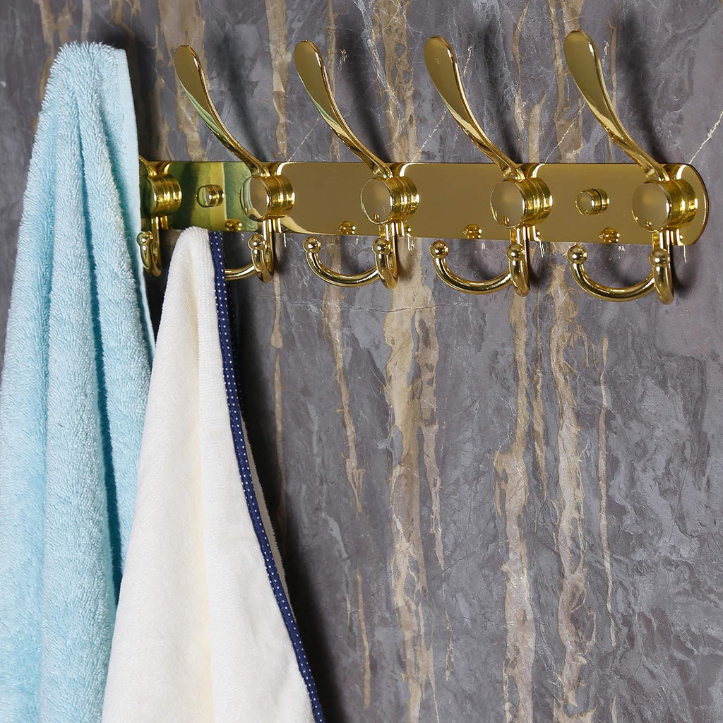 Dseap Coat Rack Wall Mounted - 5 Tri Hooks, Heavy Duty, Stainless Steel, Metal Coat Hook Rail for Coat Hat Towel Purse Robes Mudroom Bathroom Entryway,Gold