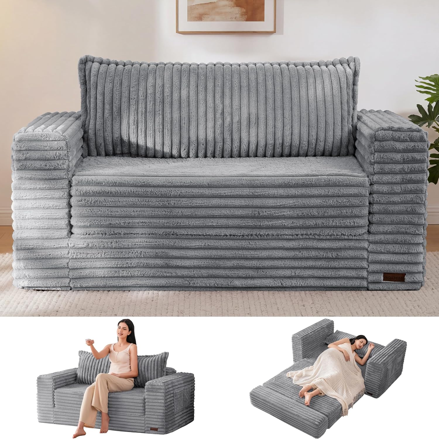 MAXYOYO Convertible Sofa Bed, Pull-Out Loveseat Couch Bed for Small Space | 2 in 1 Folding Couch Bed with Large Back Pillow, Plush Faux Fabric Lounge Couch for Living Room, Apartment, Grey