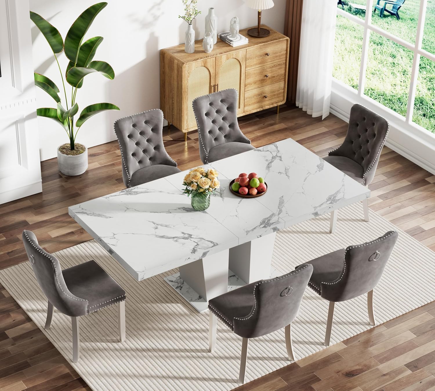 7-Piece Extendable Dining Table Set for 6-8 People 63"-78.7" Kitchen Table Set with 6 Grey Upholstered Chairs Modern White Faux Marble Rectangular Dining Room Table Set for Kitchen Apartment