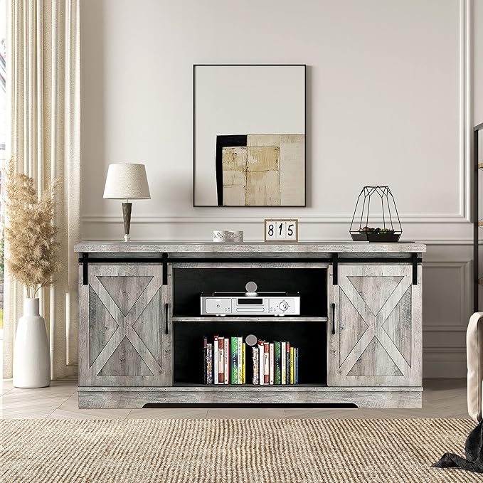 IDEALHOUSE Farmhouse TV Stand, Entertainment Center for 65 Inch TV Media Console Cabinet, White Barn Doors TV Stand with Storage and Shelves, Modern TV Console Table Furniture for Livingroom (Gray)