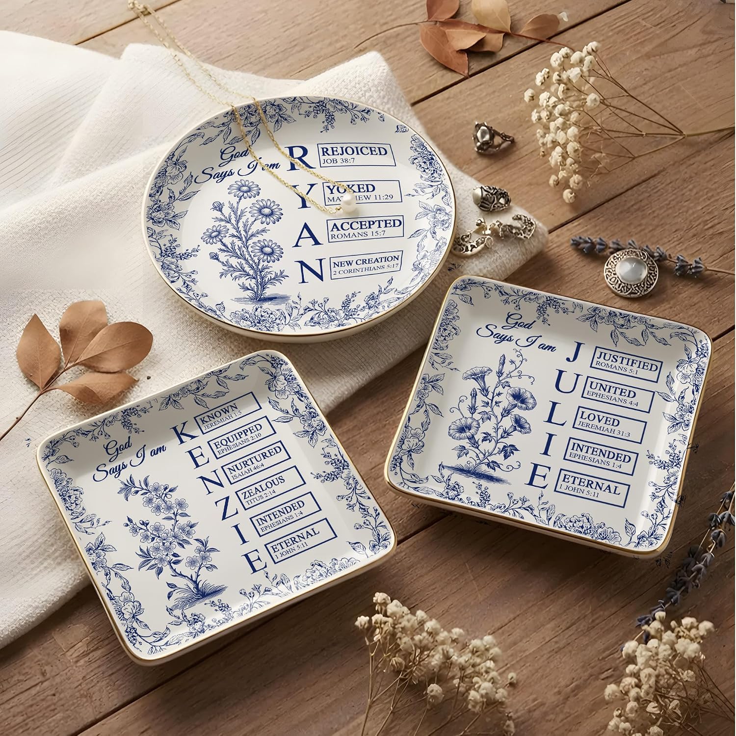 Personalized God Says I Am Toile De Jouy - Name Letter In Bible Verse Jewelry Dish - Custom Birth Flower Jewelry Dish - Christian Gift - Religious Affirmations Gifts