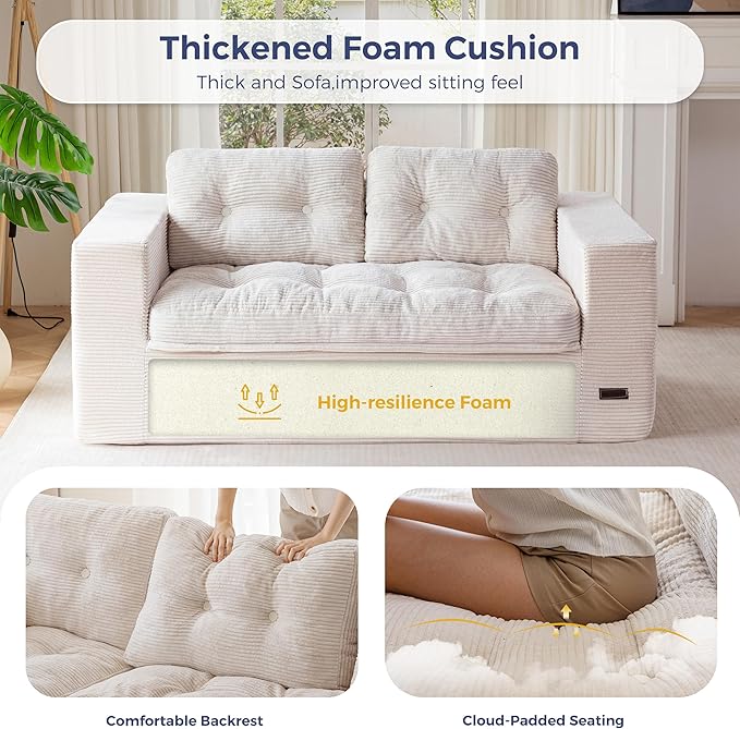 MAXYOYO 63" Loveseat Sofa Couch for Small Spaces, Upholstered Boneless Cloud Couch for Apartment Bedroom, 2-Seater Love Seat Floor Modern Sofa with Pillows, No Assembly Required, Beige