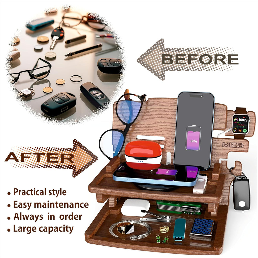 MED Wood Phone Docking Station – Nightstand Desk Organizer for Phone, Watch, Wallet & Tablet – Gift for Men, Husband, Dad & Women – Wooden Charging Stand, (Black, Model 2)